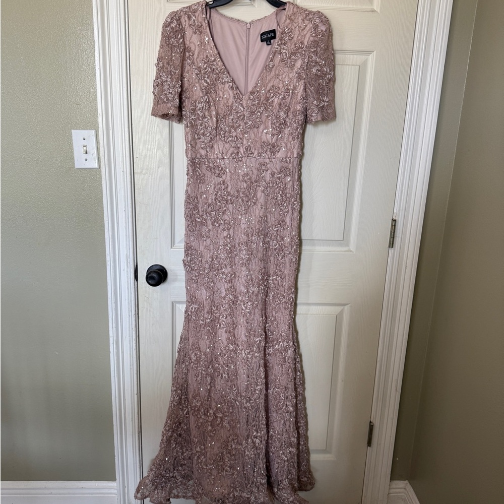 Xscape Pink Puff Sleeve V-Neck Maxi Gown